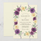 Invitation Mariage profond violet crème ranunculus eucalyptus (Devant / Derrière)
