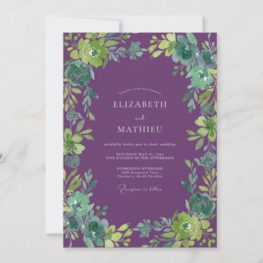 Invitation Mariage Profond Violet Feuilleux (Devant)