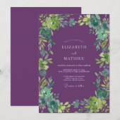 Invitation Mariage Profond Violet Feuilleux (Devant / Derrière)