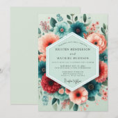 Invitation Mariage prospère de corail sarcelle (Devant / Derrière)
