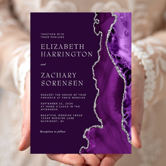 Invitation Mariage prune Agate argenté Violet