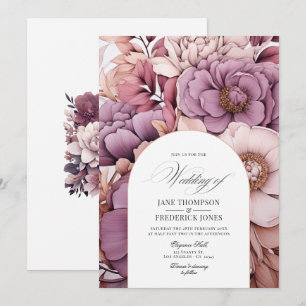 Invitation Mariage prune, gris, cuivre et rose poudré
