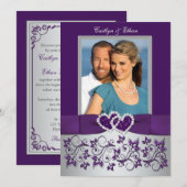 Invitation Mariage | Purple, Argent | Floral, Coeurs | Photo (Devant / Derrière)