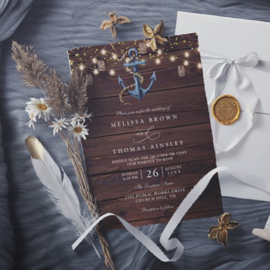 Invitation Mariage QR Code Ancre Bleu Marine Bois Rustique