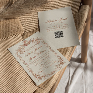 Invitation Mariage QR Code Argent Ancien Orange Brûlé Vintage