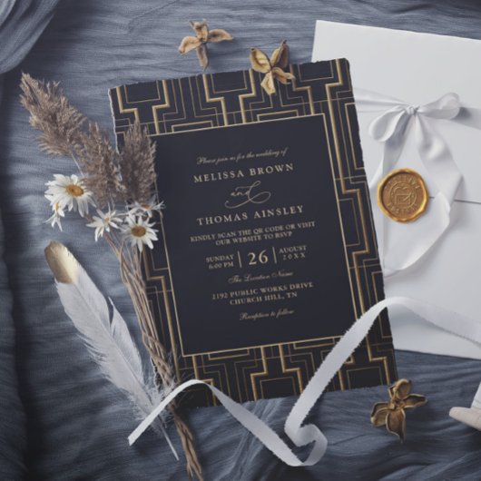 Invitation Mariage QR Code Art Déco Noir et Or Luxueux