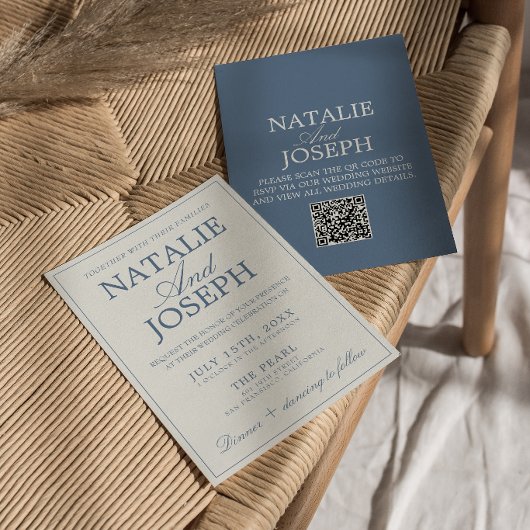 Invitation Mariage QR Code Bleu Et Blanc Élégant