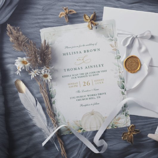 Invitation Mariage QR Code Chic Automne Amour Citrouille Verd