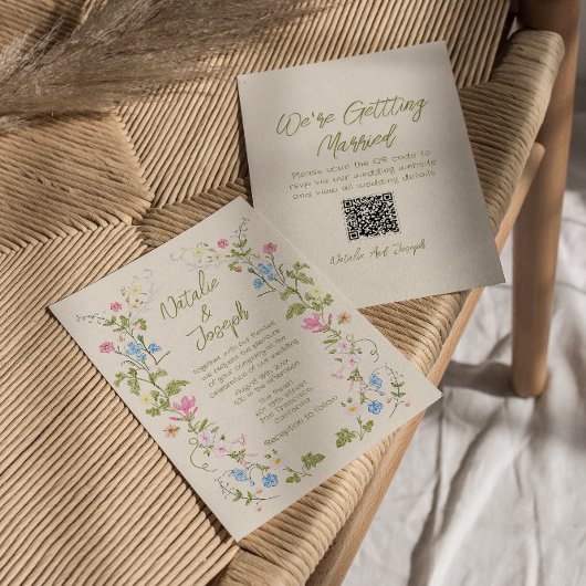 Invitation Mariage QR Code Été Floral Dessiné à la Main
