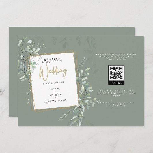 Invitation Mariage QR Code QR  moderne Sage Greenery RSVP (Devant / Derrière)