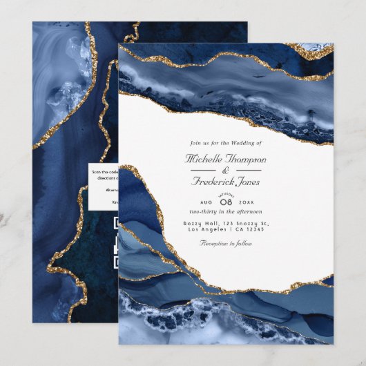 Invitation Mariage QR Code RSVP en pierre d'agate Navy et Or (Devant / Derrière)