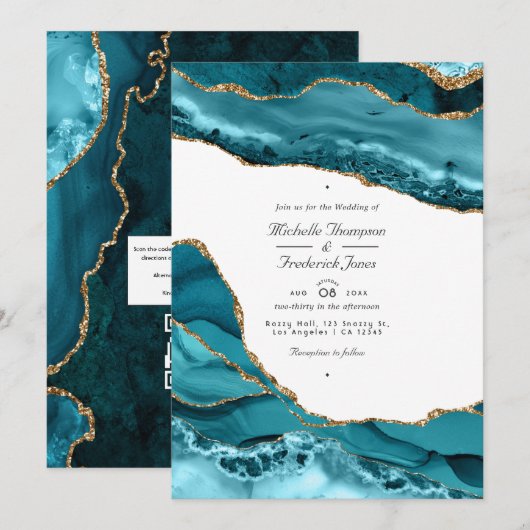 Invitation Mariage QR Code RSVP en pierre d'agate sarcelle et (Devant / Derrière)