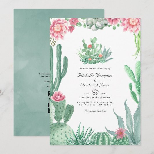 Invitation Mariage QR Code RSVP Succulents Aquarelle (Devant / Derrière)