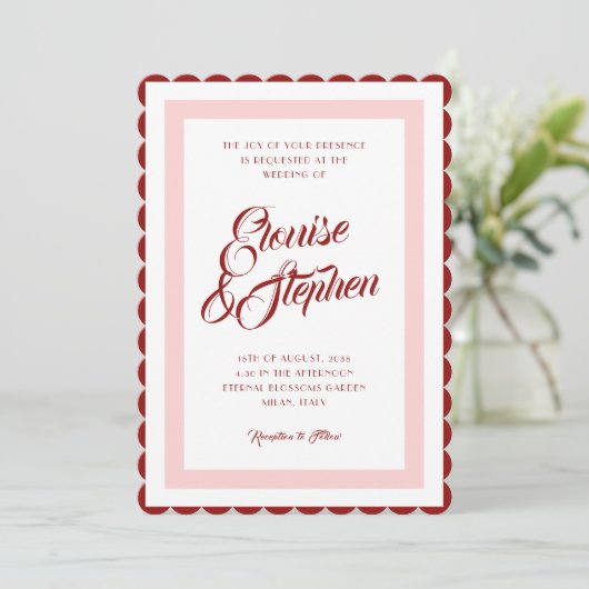 Invitation Mariage Quirky Jouant avec cadre Wavy Rose & Rouge (Debout devant)