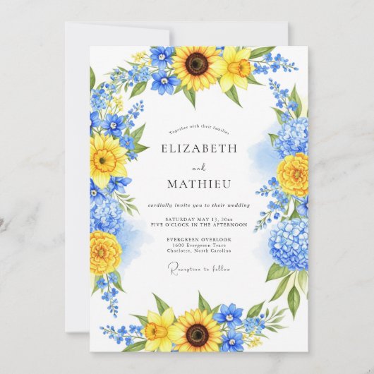 Invitation Mariage radiant d'été bleu jaune (Devant)