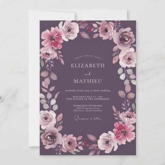 Invitation Mariage Ranunculus Aquarelle Prune (Devant)