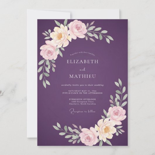 Invitation Mariage Ranunculus Aquarelle Prune Luxe (Devant)