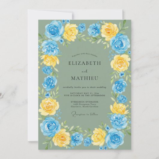 Invitation Mariage Ranunculus Azur Or Sage (Devant)