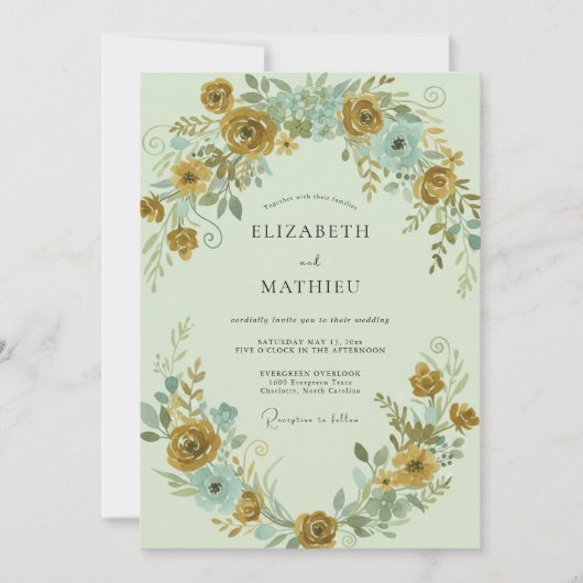 Invitation Mariage Ranunculus Eucalyptus Aqua Moutarde (Devant)