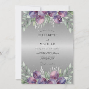 Invitation Mariage Ranunculus Eucalyptus Argent Prune