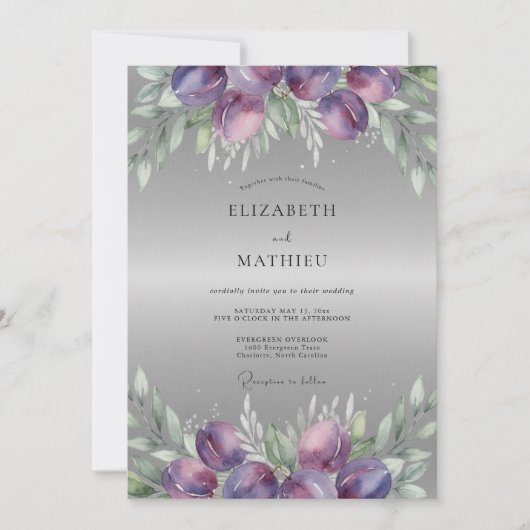 Invitation Mariage Ranunculus Eucalyptus Argent Prune (Devant)