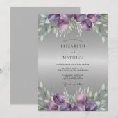 Invitation Mariage Ranunculus Eucalyptus Argent Prune (Devant / Derrière)
