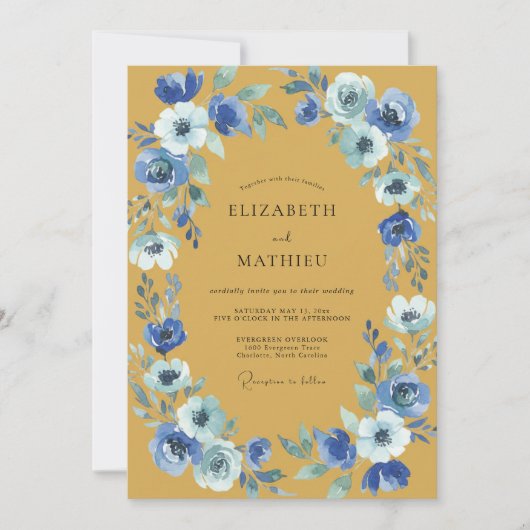 Invitation Mariage Ranunculus Eucalyptus Cobalt Moutarde (Devant)