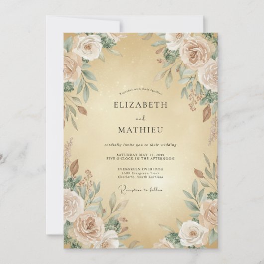 Invitation Mariage Ranunculus Eucalyptus Crème Douce Or (Devant)