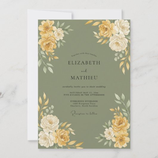 Invitation Mariage Ranunculus Eucalyptus Or Olive (Devant)
