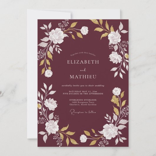 Invitation Mariage Ranunculus Eucalyptus Or Vin (Devant)