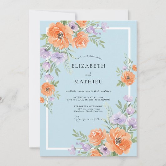 Invitation Mariage Ranunculus Eucalyptus Periwinkle Orange (Devant)
