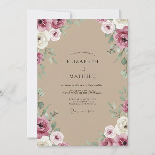 Invitation Mariage Ranunculus Eucalyptus Taupe Prune (Devant)