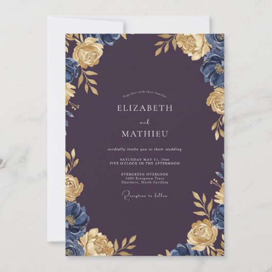 Invitation Mariage Ranunculus Gris Eucalyptus Or Prune (Devant)