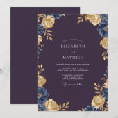 Invitation Mariage Ranunculus Gris Eucalyptus Or Prune (Devant / Derrière)