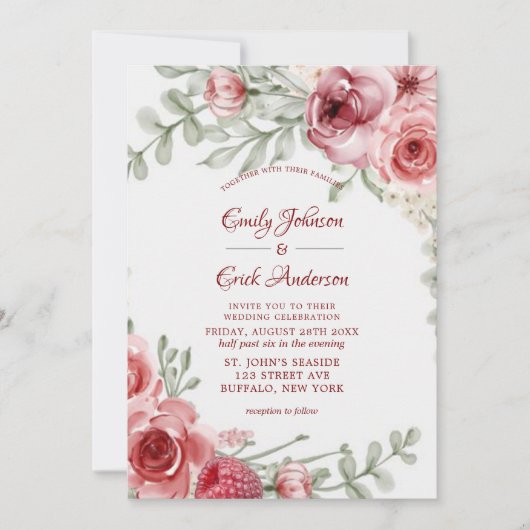 Invitation Mariage Raspberry Pink Watercolor Peonies (Devant)