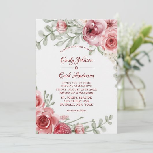 Invitation Mariage Raspberry Pink Watercolor Peonies (Debout devant)