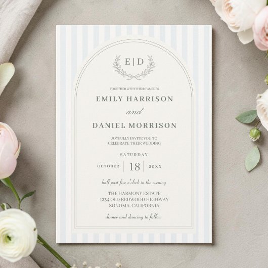 Invitation Mariage rayé bleu et vert sauge