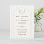 Invitation Mariage rayé bleu et vert sauge (Debout devant)