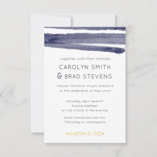 Invitation Mariage rayé bleu marine et or (Devant)