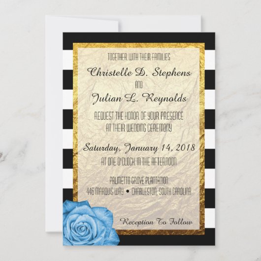 Invitation Mariage Rayé Moderne à Rose Bleu avec Feuille de D (Devant)
