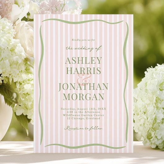 Invitation Mariage rayé rétro pêche et sauge