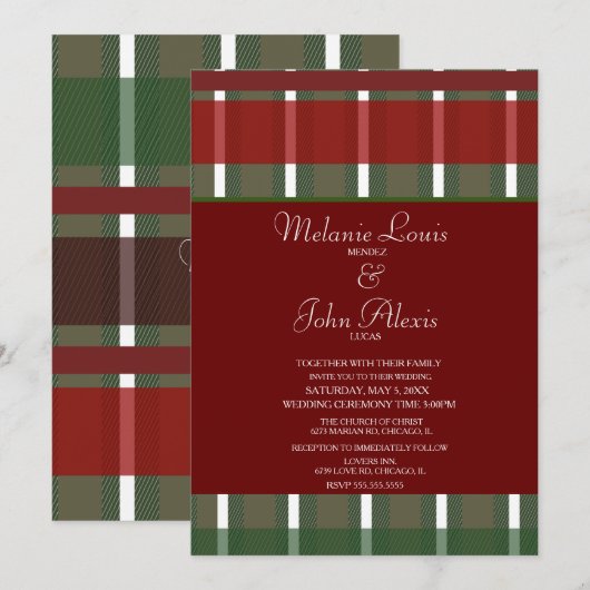 Invitation Mariage rayé vert bordeaux moderne et blanc (Devant / Derrière)