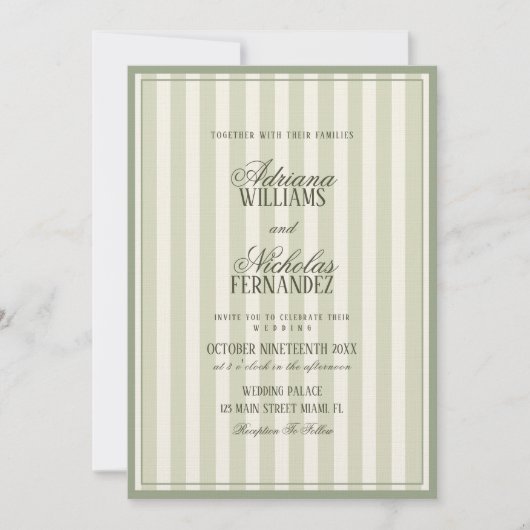 Invitation Mariage rayé vert sauge de luxe (Devant)