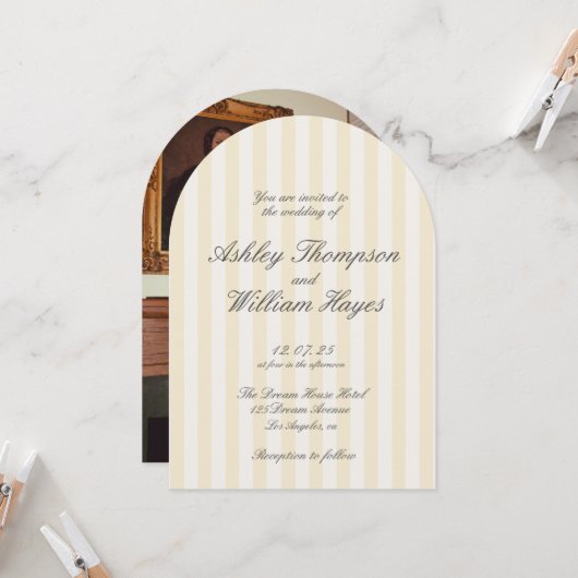 Invitation Mariage rayé Vintage jaune (Devant/Arrière en situation)