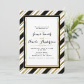 Invitation Mariage rayures chic horizontales noir blanc et or (Debout devant)