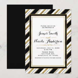 Invitation Mariage rayures chic horizontales noir blanc et or