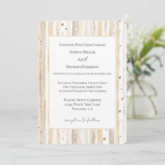 Invitation Mariage Rayures Cœurs Blanc Crème (Debout devant)