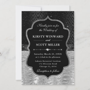 Invitation Mariage Rayures de Zèbre Noir Argenté Glamour