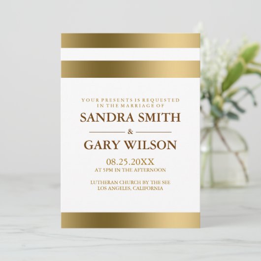 Invitation Mariage Rayures Dorées Simples Sur Fond Blanc (Debout devant)