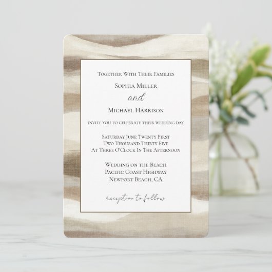 Invitation Mariage Rayures Ondulées Marron Crème (Debout devant)